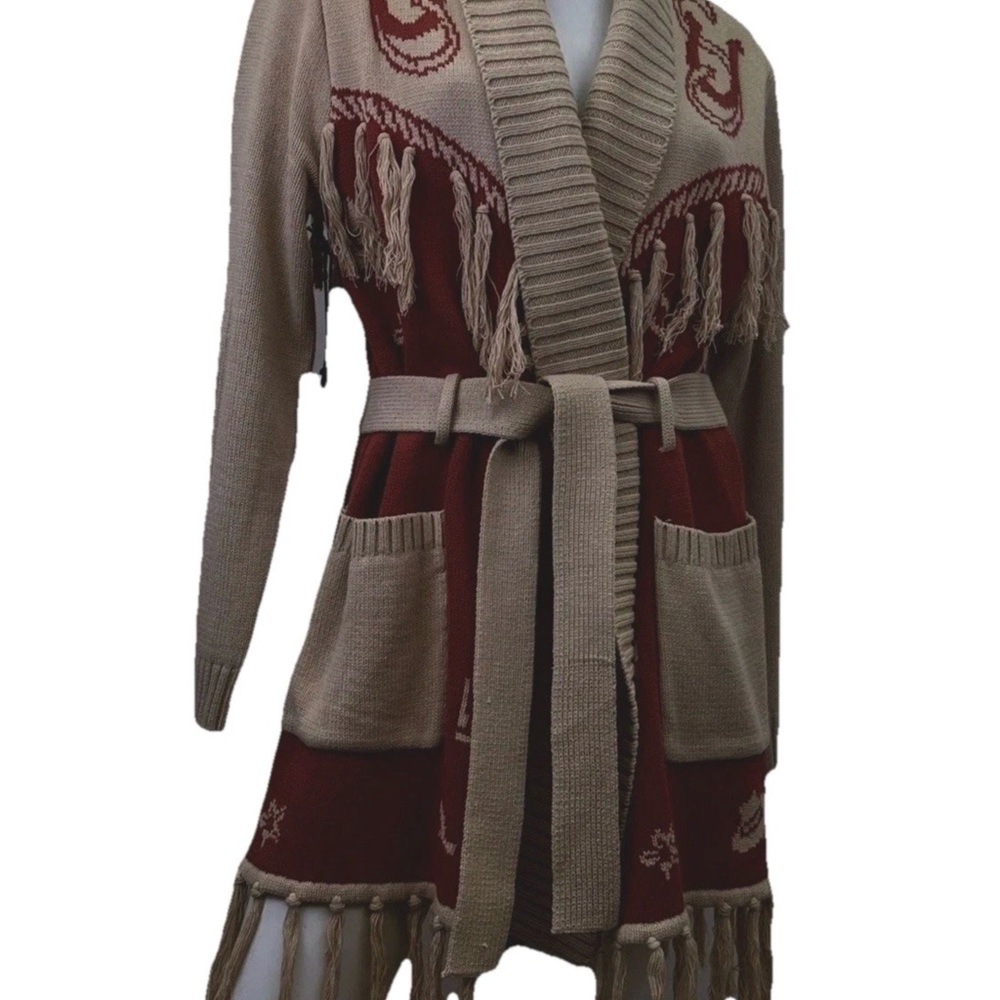 Fringed Open Front Belted Cardigan Sweater - Beige and Rust